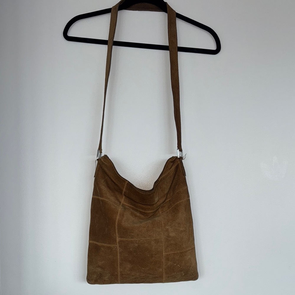 Warm Tan Split Leather Suede Shoulder Bag with Slouchy Design